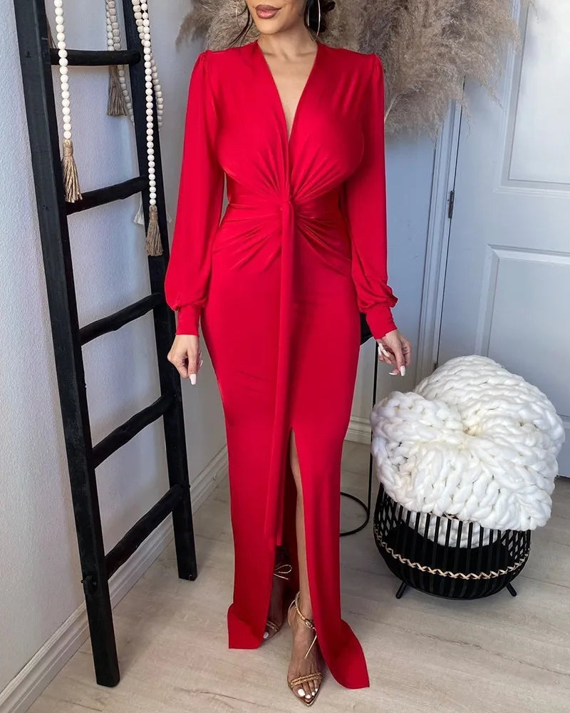 Elegant Deep V Neck Full Sleeve Long Dress