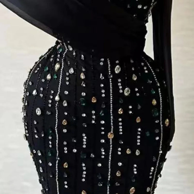 Black One - Shoulder Evening Dresses with Rhinestone Encrusted Bodycon Dress
