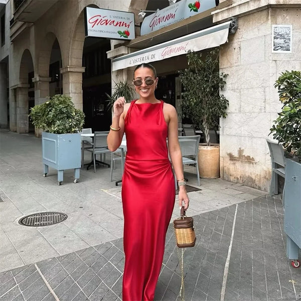 slim fit sleeveless silk satin dress