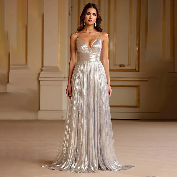 Elegant V-neck Pleat Sweep Train Sleeveless Thin Suspenders Dress