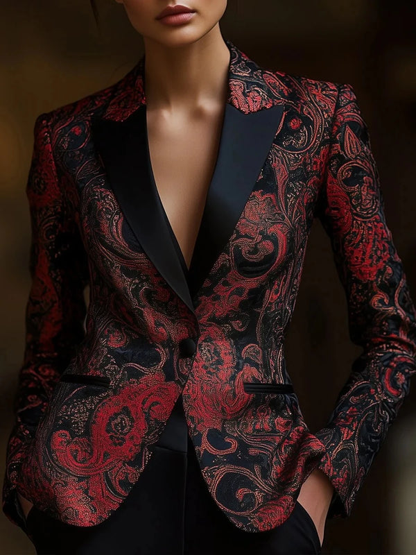 Elegant Chic Vintage Floral Print Turndown Collar Slim Waist Pocket Decor Long Sleeves Blazers