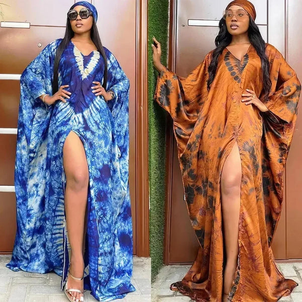 African Retro Long Robe Printed Large Hem with Headscarf
