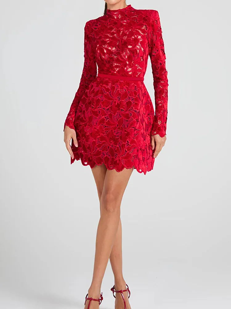 Hollow Out Mini Long Sleeve O Neck Dress