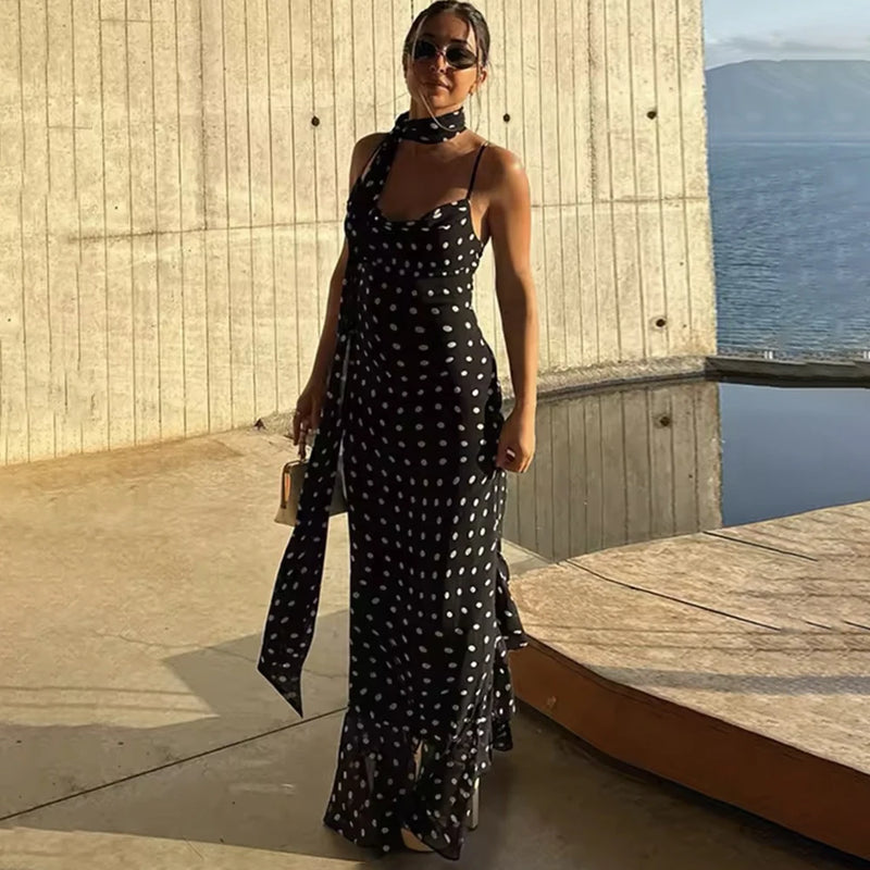 Polka Dot Long Scarf Ribbon Ruffle Halter Pleated Dress