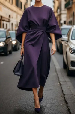 Elegant Solid High Waist Batwing Sleeve Long Dress