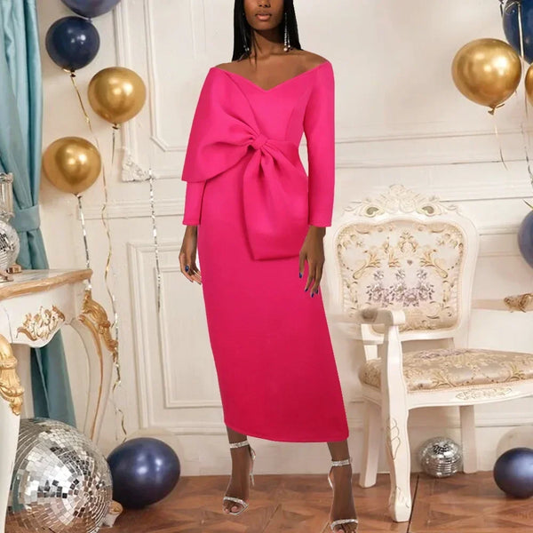 Deep V Bow High-waisted Slit Long Dress Butt Wrap