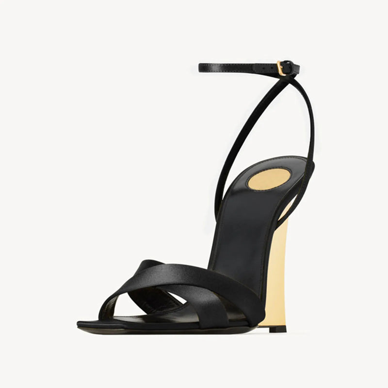 Satin Wedges Round Toe Belt buckle high heel