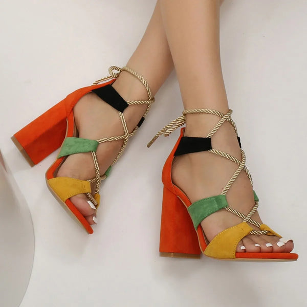 Ropes Cross Strap Peep Toe Lace-Up Sandals Chunky High Heels