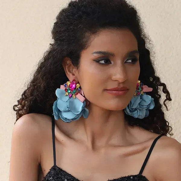 Charm Crystal Cubic Zircon Fabric Flower Big Earrings