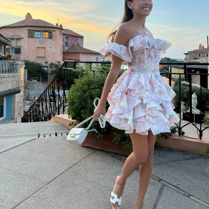 Elegant Flare Sleeve V Neck Pleated High Waist Dress