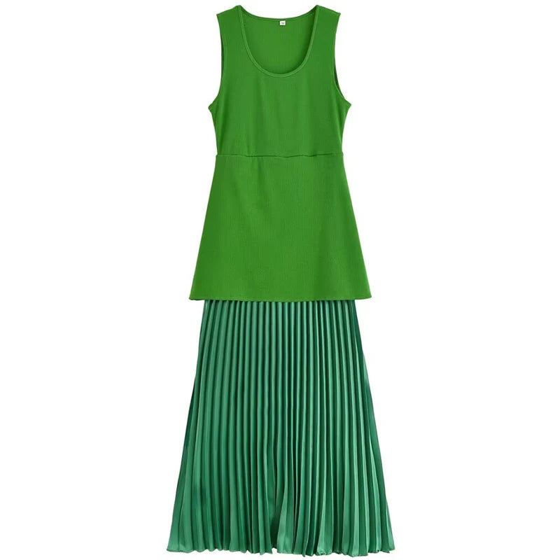 Elegant Green Pleated Knit Long O-Neck Sleeveless Dress
