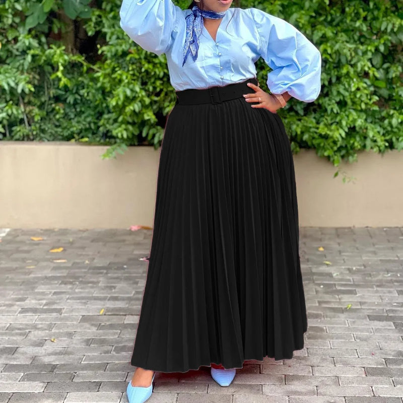 Elegant Pleated Skirts High Waisted Belt