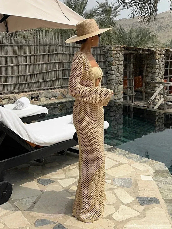 Sexy U-neck Bell Sleeve Knit Swimwear Bikinis Cover-ups