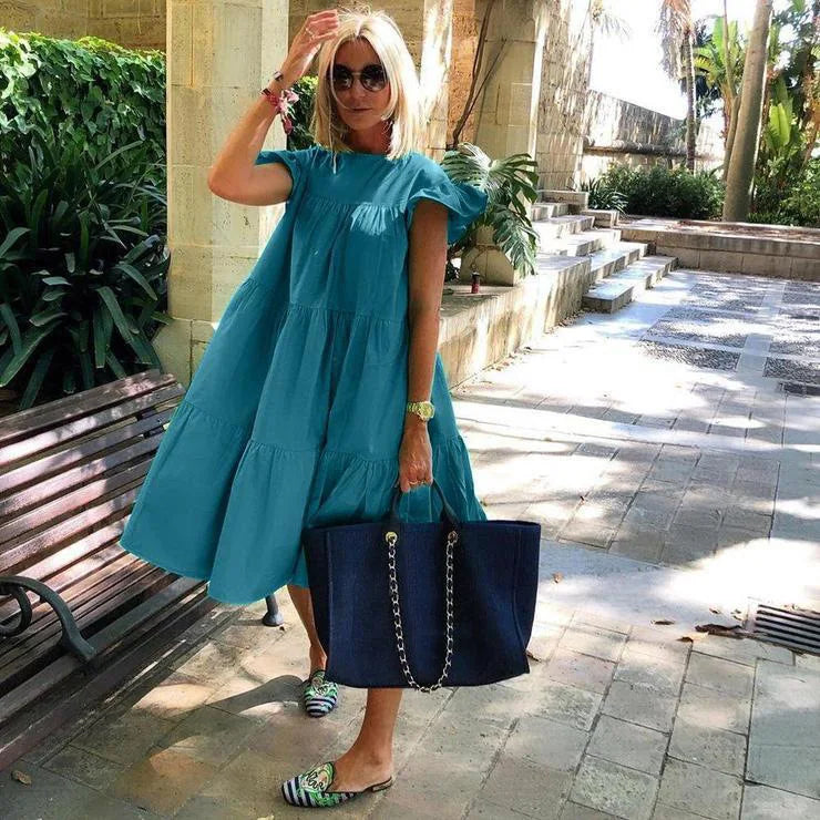 Casual Loose Ruffles O-neck Pure Short Sleeve Dress