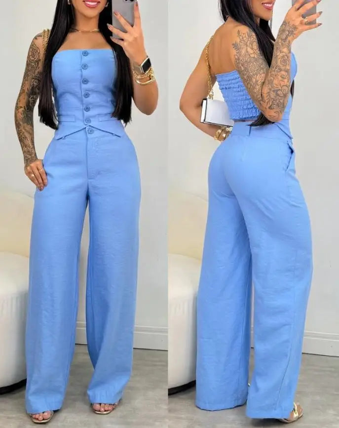 Two Piece Set V-Neck Sleeveless Vest Tank & Casual Wide Leg Pants