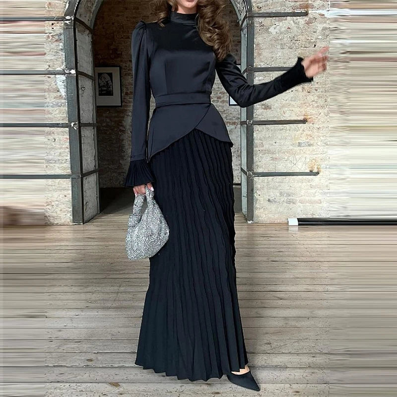 Elegant Crew Collar Long Sleeve Lace Up Dress
