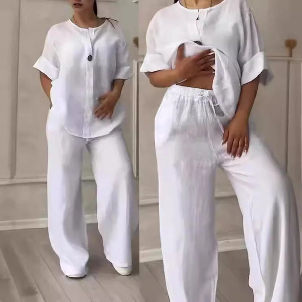 Cotton Linen Long Sleeve Button Loose Blouse Shirt & High Elastic Wide Leg Loose Pant
