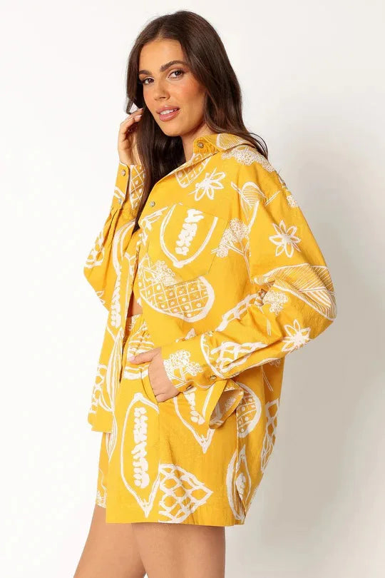 Summer Flip Collar Printed Single Breasted Shirt Shorts Two Piece