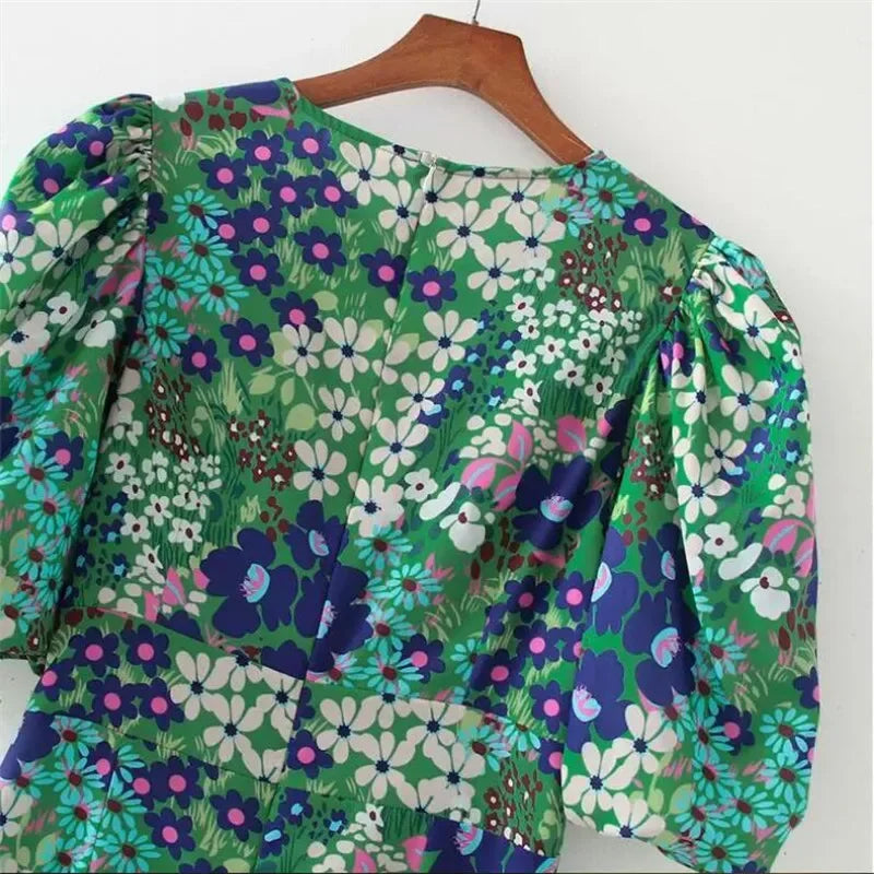 Vintage Flower Puff Sleeve High Waist Long Calf Elegant Dress