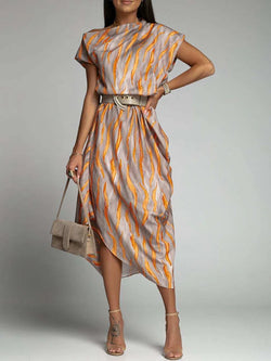 Elegant Inclined Shoulder Irregular Stripe Print Short Sleeve Casual No Belt