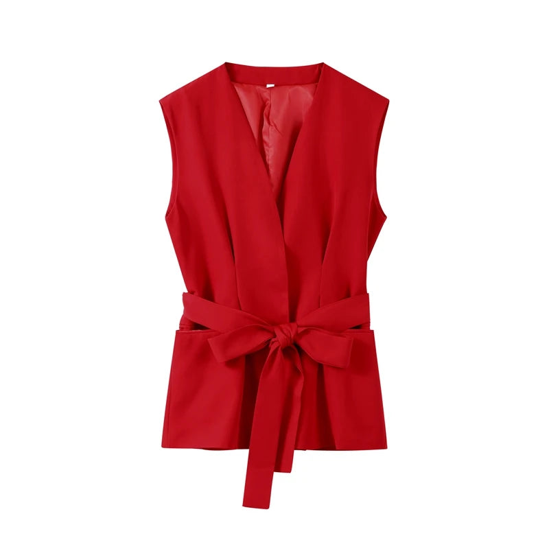 Sleeveless Lace Up V-Neck Vest Top Pleat Zip High Waist
