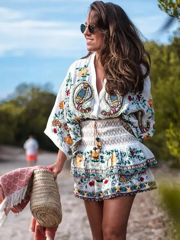 Batwing Sleeve Embriodery Paisley Print Skirt V Neck Vintage Set
