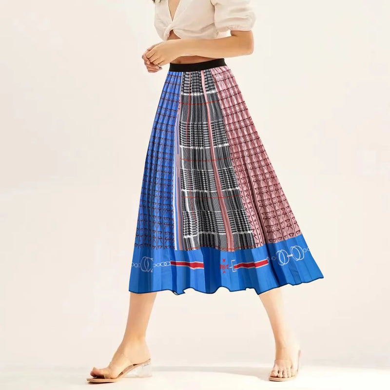 Printed elastic mid length A-line pressed pleated skirt