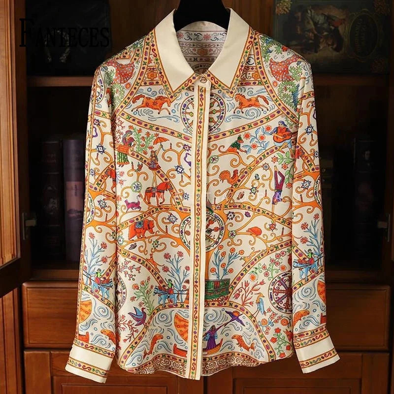 Vintage Shirt Autumn Long Sleeve Luxury Print Blouses