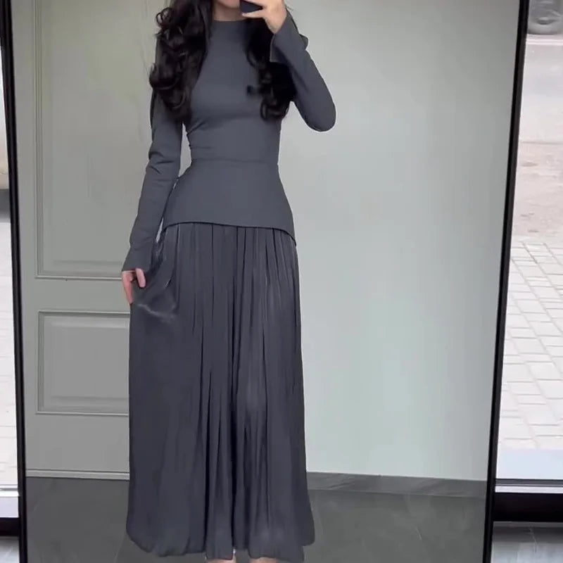 Elegant Long Sleeve Top and Pleated Long Skirts Suits