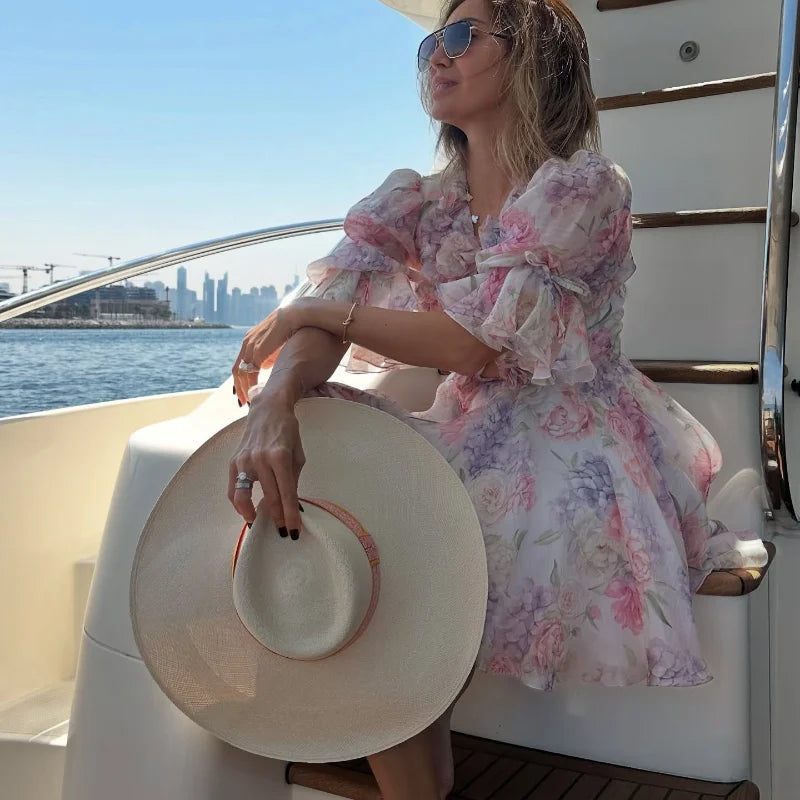 Elegant Flare Sleeve V Neck Pleated High Waist Dress