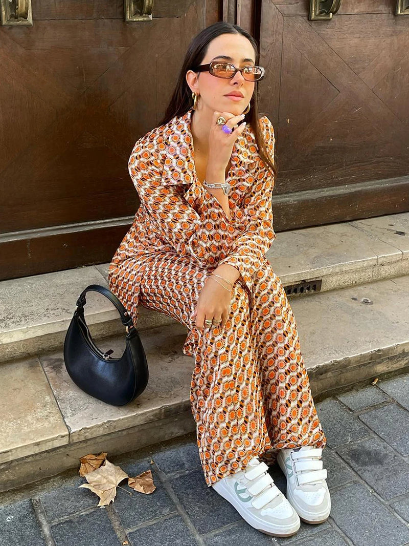 Turn-Down Collar Pajama Sleepwear Wide Leg Pants
