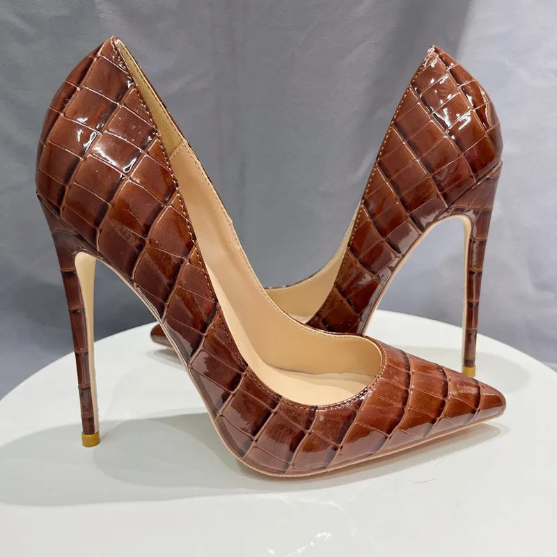 Tikicup Brown Crocodile Effect Pointy Toe High Heel