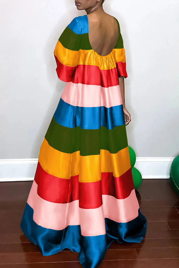 Rainbow Print Short Sleeve Maxi Dresses