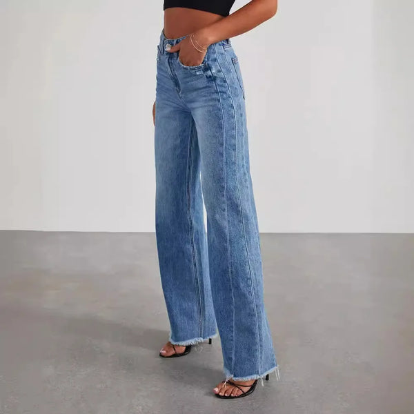 Straight Long Pant Blue High Waist Splice Pockets Denim Trousers