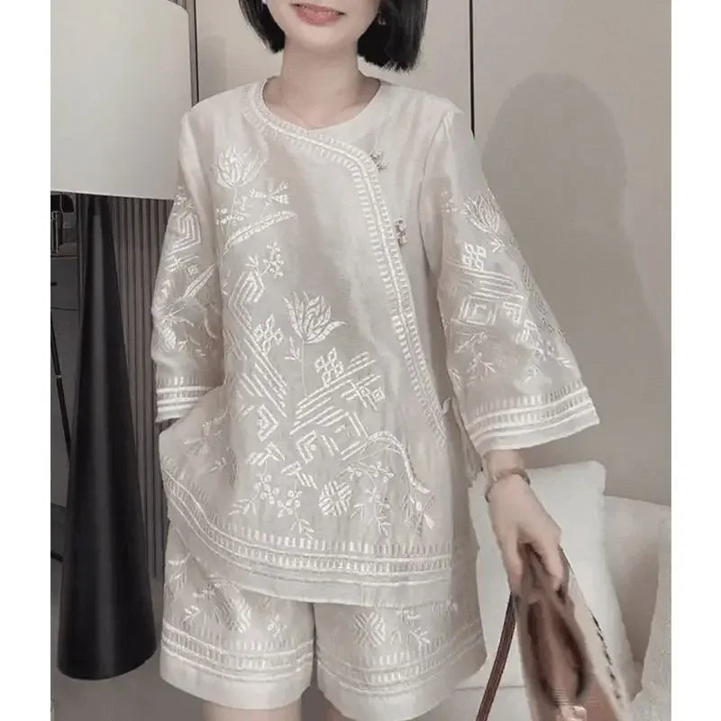 Summer New Retro High end Embroidery Loose Casual Blouses Top and Shorts White