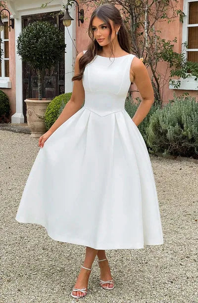 White O Neck Backless Pleated Elegant Long Summer Dress