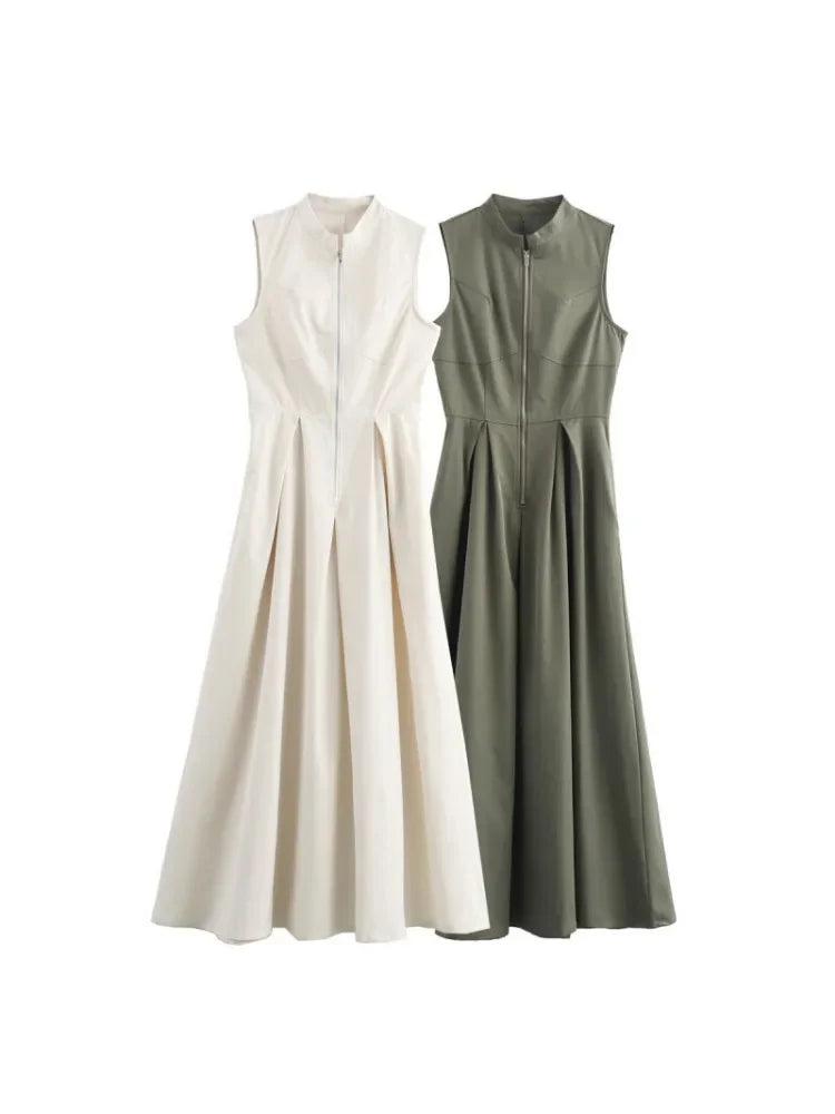 Sleeveless Pleated Slim Elegant Solid Half Zipper A-line Dress
