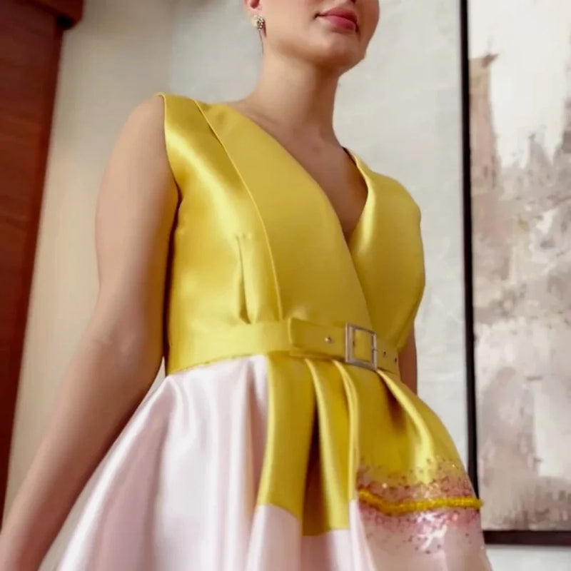 V-neck Sequin Satin Anke Length Dress