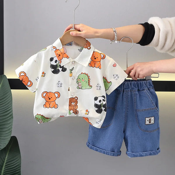 Toddler Boys Print Animal Short Sleeve Shirts + Shorts Suits