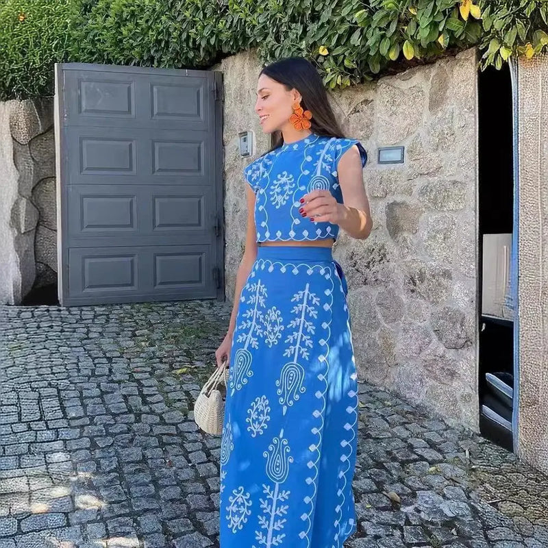 Boho Vintage Print Top Skirt Suit Embroidered Two Piece