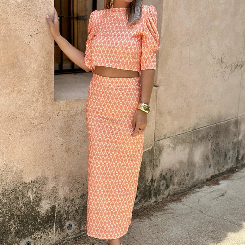 Chic Geometry Print Puff Sleeve Top+Dress Set