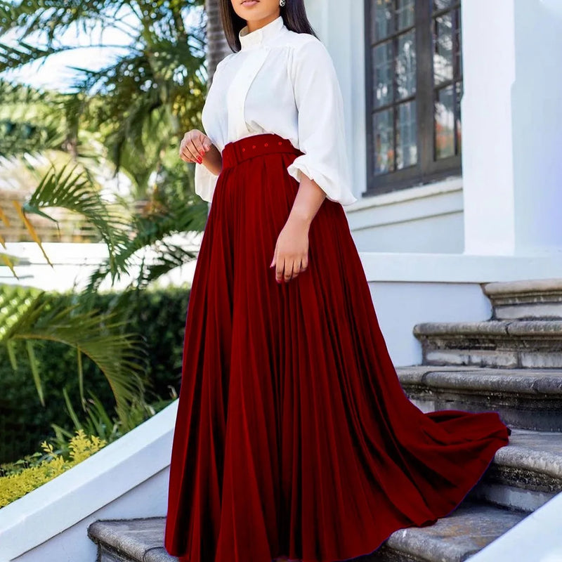 Elegant Pleated Skirts High Waisted Belt