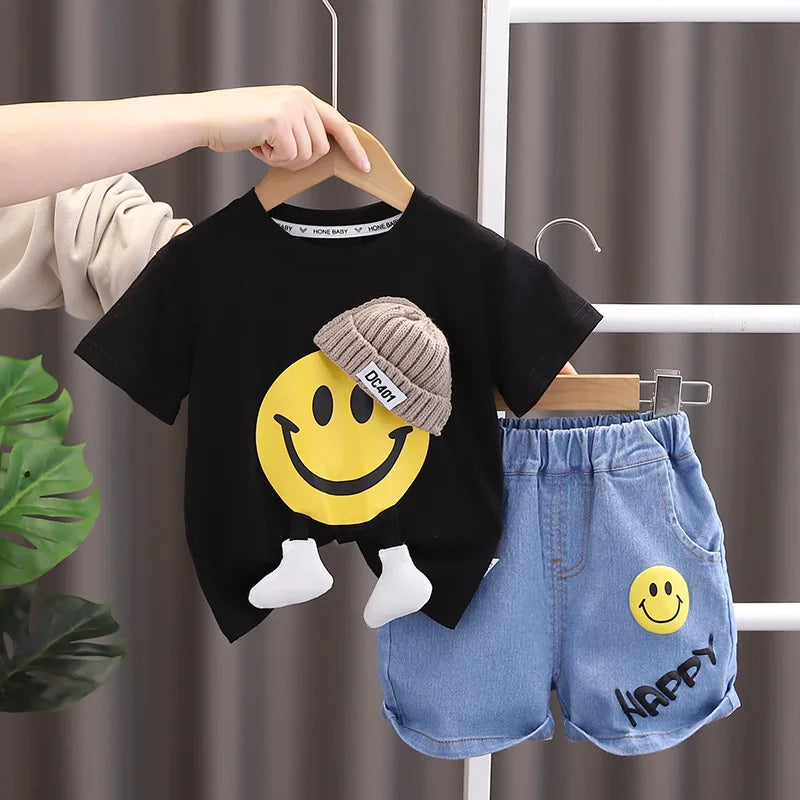 Cartoon Short Sleeve T-Shirt Denim Shorts 2PCS