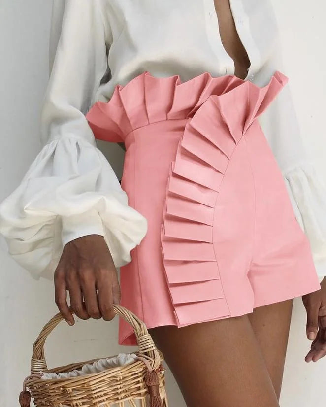 Solid Color Ruffled Ruched High Elastic Waist Shorts
