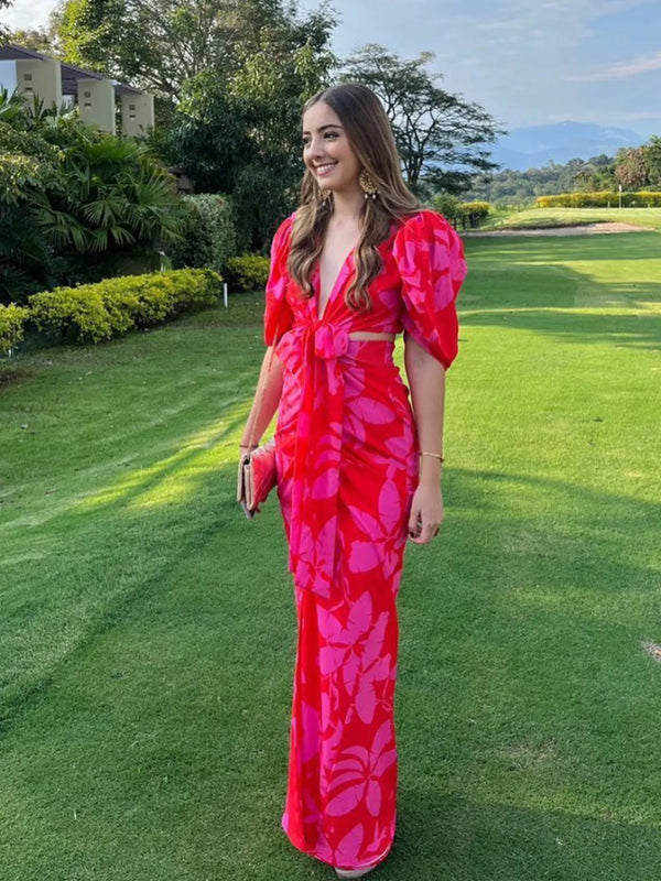 Elegant Print Cutout Short Puff Sleeve Long Dress