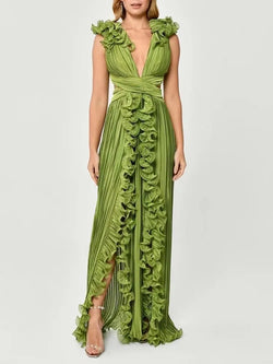Elegant V Neck Sleeveless High Waist Patchwork Ruffles Split Dress