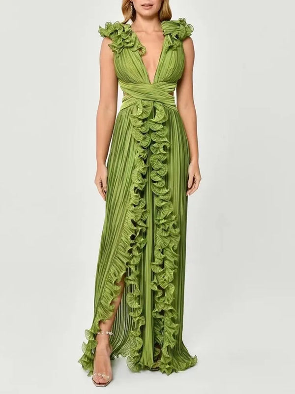 Elegant V Neck Sleeveless High Waist Patchwork Ruffles Split Dress