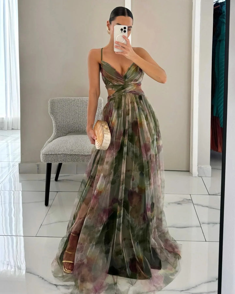 Elegant Floral Suspender Long Dress
