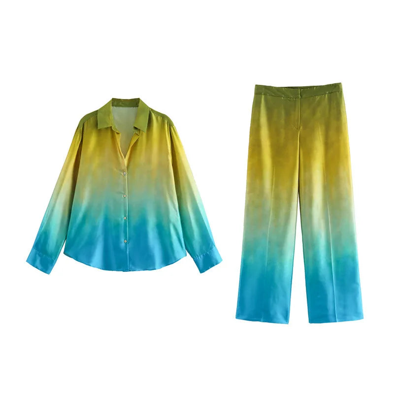 Tie Dye Gradient Print Loose Shirts Top Wide Leg Pants