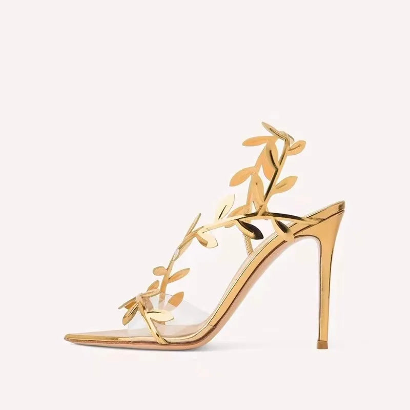 Elegant Gold Leaf Women High Heel Sandals
